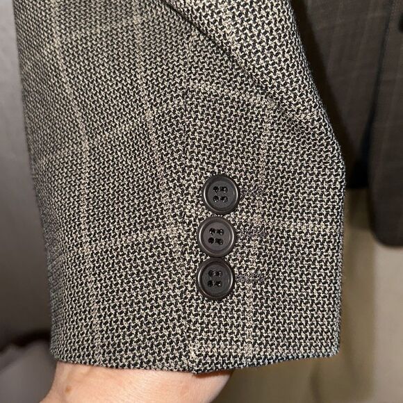 MANI SAKS 44L Brown Plaid Mini Houndstooth Pure Virgin Wool Blazer Jacket - Picture 5 of 15